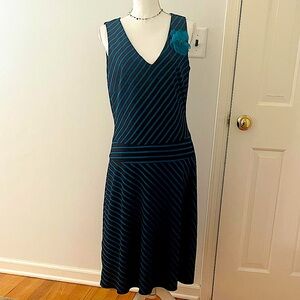 Laundry By Shelli Segal Teal and Black Striped Midi Dress NWOT